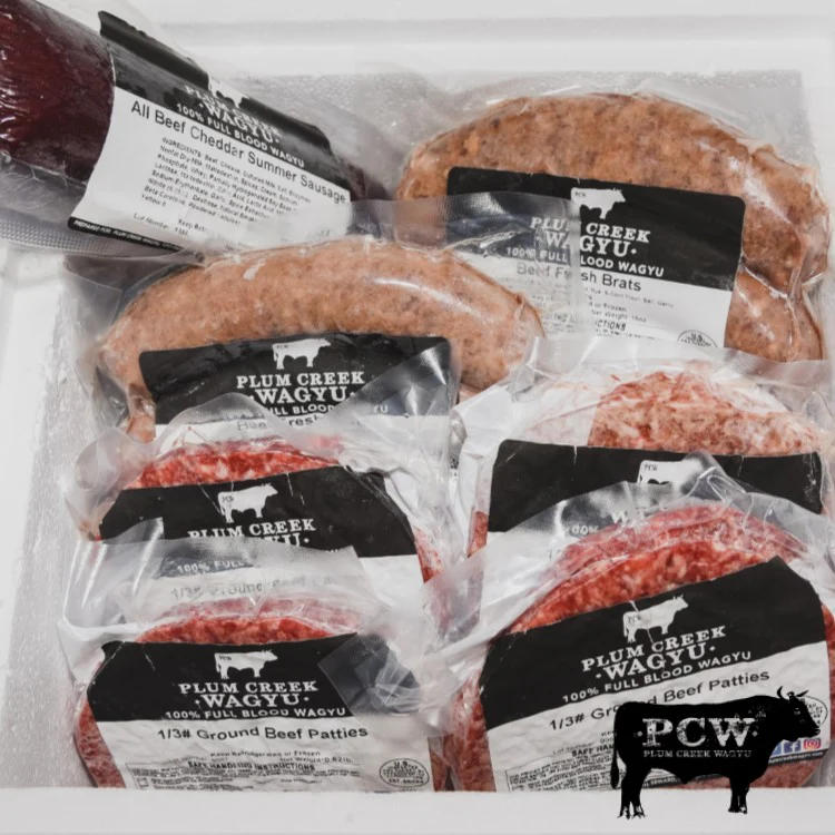 Image of Plum Creeks' Family Grillin' Box which includes burger patties, wagyu brats and summer sausage.